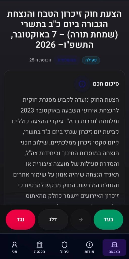 מסך ההצבעה באתר הכנסת שלי - מסך הצבעה באתר הכנסת שלי שבו המשתמש קורא הצעת חוק ומסמן בעד או נגד